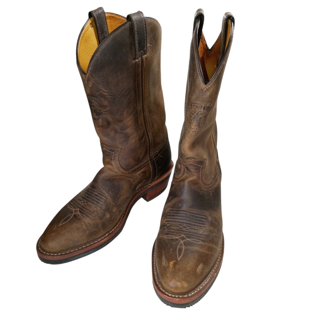 Nocona Mens Brown Leather Cowboy Boots 9.5 Distressed Western Pointed Mid Calf - Picture 2 of 11